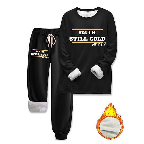 Set di pigiama da donna Fodera in pile Elegante Caldo Moda Due Pezzi Set Tuta Pantaloni Set Manica Lunga Manica a Vescica Collo Rotondo Grafica Lettera Stampa Per Vacanze all'aperto Quotidiana Nero