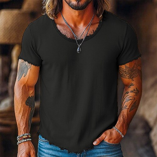 Herren T-Shirt Leinen-T-Shirt Kurzarm Kurze Ärmel Rundhalsausschnitt Sommer Einfach Mode Designer Basic Weich Rohkante Urlaub Straße Lässig Weiß Schwarz Rosa Top T-Shirt für Herren Image