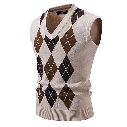 Herren Pullover Pullunder Gerippt Stricken Normale Oberteile Gestrickt Schmale Passform Argyle V Ausschnitt Strickware Vintage Lässig Alltagskleidung Bekleidung Herbst Schwarz Marineblau M L XL