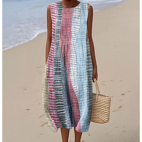 Damen Midi Kleid Leinenähnliches Strandkleid Shift Kleid A Linie Kleid Urlaub Lässig Boho Ausgang Strand Lockerer Schnitt Graphic Geometrisch Ärmellos Rundhalsausschnitt Pink Dunkelpink Blau Lila Image