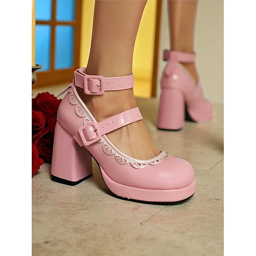 Damen-Mary-Jane-Plateau-Pumps aus Lackleder – klobige Lolita-Pumps der 1950er-Jahre mit rosa Besatz für Partys, Cosplay oder ein Date Image