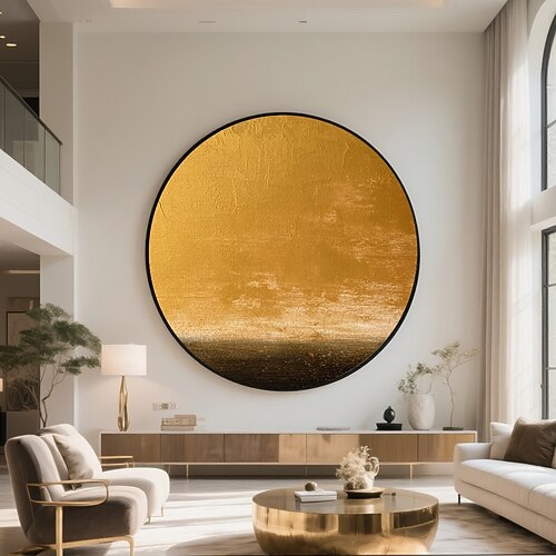handgemachte kreisförmige ozeanische Leinwand tiefer Saphirgold-Farbverlauf leuchtende Reflexion goldener Horizont Kontrast abstrakter Himmel und Meer strukturierte Farbe moderne beruhigende Wandkunst Image