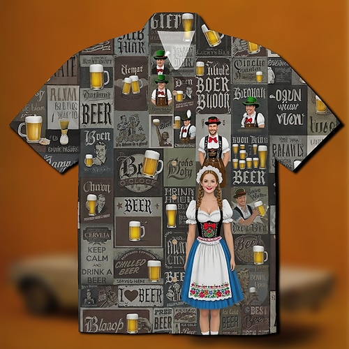 Hawaii-Hemden Aloha-Hemd Bayerisch München Deutsch alpin Grafik für Herren Erwachsene 3D-Druck für Karneval Oktoberfestbier Strand Urlaub Party Image