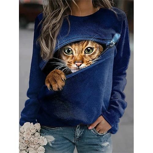 Damen Pullover Sweatshirt Kapuzenshirts Grafik Tiermotiv Katze Mode Lässig Langarm Rundhalsausschnitt Rundhals Normale Oberteile Straße Alltagskleidung Druck Schwarz Dunkelblau Frühling Herbst Winter