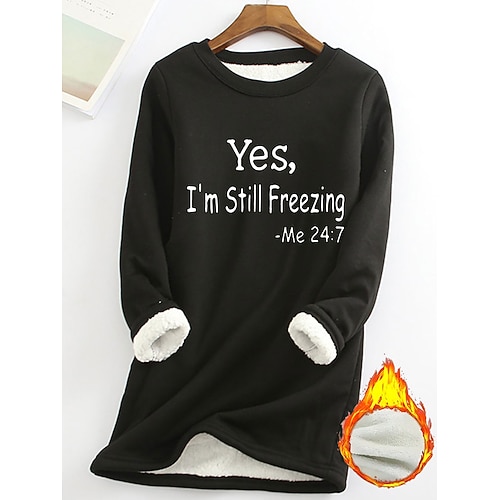Damen Sweatshirt Pullover Fleece gefüttert Warm Pyjamas Sherpa Buchstaben Street Casual Fuzzy Komfort Rundhals Langarm Oberteil Mikrodehnbar Herbst Winter Komfort Atmungsaktives Weiches Material Image