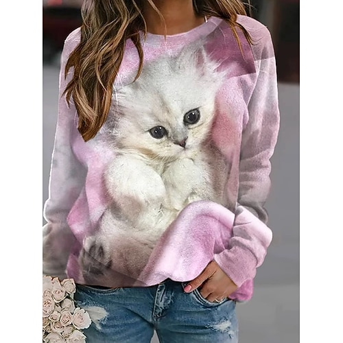 Damen Pullover Sweatshirt Kapuzenshirts Druck Grafik Tiermotiv Katze Mode Lässig Langarm Rundhalsausschnitt Normale Oberteile Lässig Straße Alltagskleidung Hellrosa Leicht Blau Frühling Herbst Winter Image