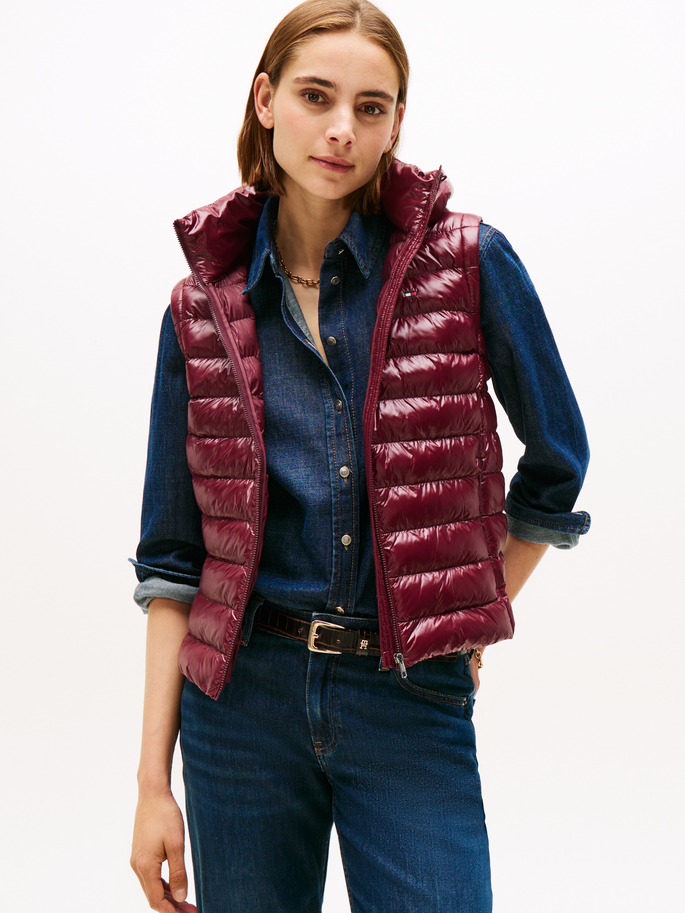 Steppweste TOMMY HILFIGER "LW PADDED SLIM VEST", Damen, Gr. XXL (44), rot (deep burgundy), Steppware, Obermaterial: 100% Nylon, unifarben, slim fit hüftlang, Westen Steppweste, leicht glänzende Oberfläche