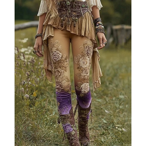 Damen Hosen Hose Leggings Gemütliche Leggings Lässig Boho Volle Länge Hohe Taille Blume Elastischer Bund Druck Atmungsaktivität Bequem Dehnbar Urlaub Straße Alltagskleidung Rosa Purpur Braun Grün Image