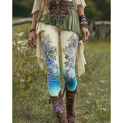 Damen Hosen Hose Leggings Gemütliche Leggings Lässig Boho Volle Länge Hohe Taille Blume Elastischer Bund Druck Atmungsaktivität Bequem Dehnbar Urlaub Straße Alltagskleidung Rosa Purpur Braun Grün Image