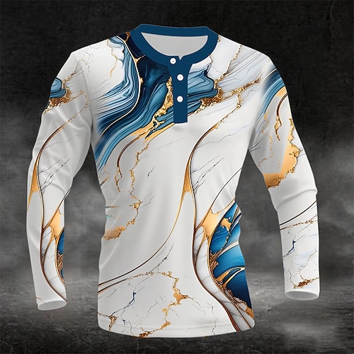 Herren 3D-Druck Marmor Henley Hemd Langarm Mode Niedlich Täglich Lässig Ferien Ausgehen Frühling Herbst Ganzjahres Schwarz Blau Koffee Grün Burgunderrot Henley Henley T-Shirt Image