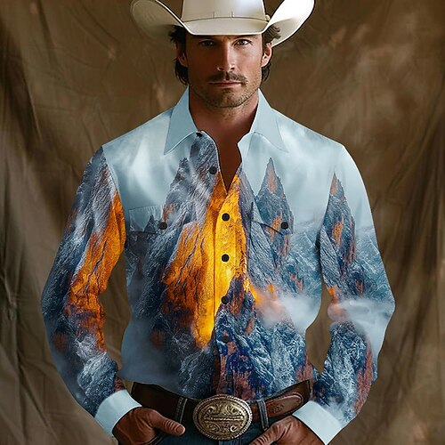 Herren Sonne Landschaft Berg Westernhemd Knopfhemd Cowboy-Shirt Langarm Western Outdoor Campen und Wandern Sommer Frühling Herbst Umlegekragen Hemden mit Kragen Zwei Fronttaschen Blau Himmelblau Grau Image