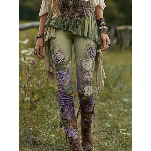Frauen 3D Druck Leggings Urlaub Vintage Mode Voll Längs Hohe Taille Hosen Karneval Floral Grafik Druck Thermisch Warm Weich Atembar Elastisch Urlaub Straße Grau Grün Amethyst Pink Gelb Image