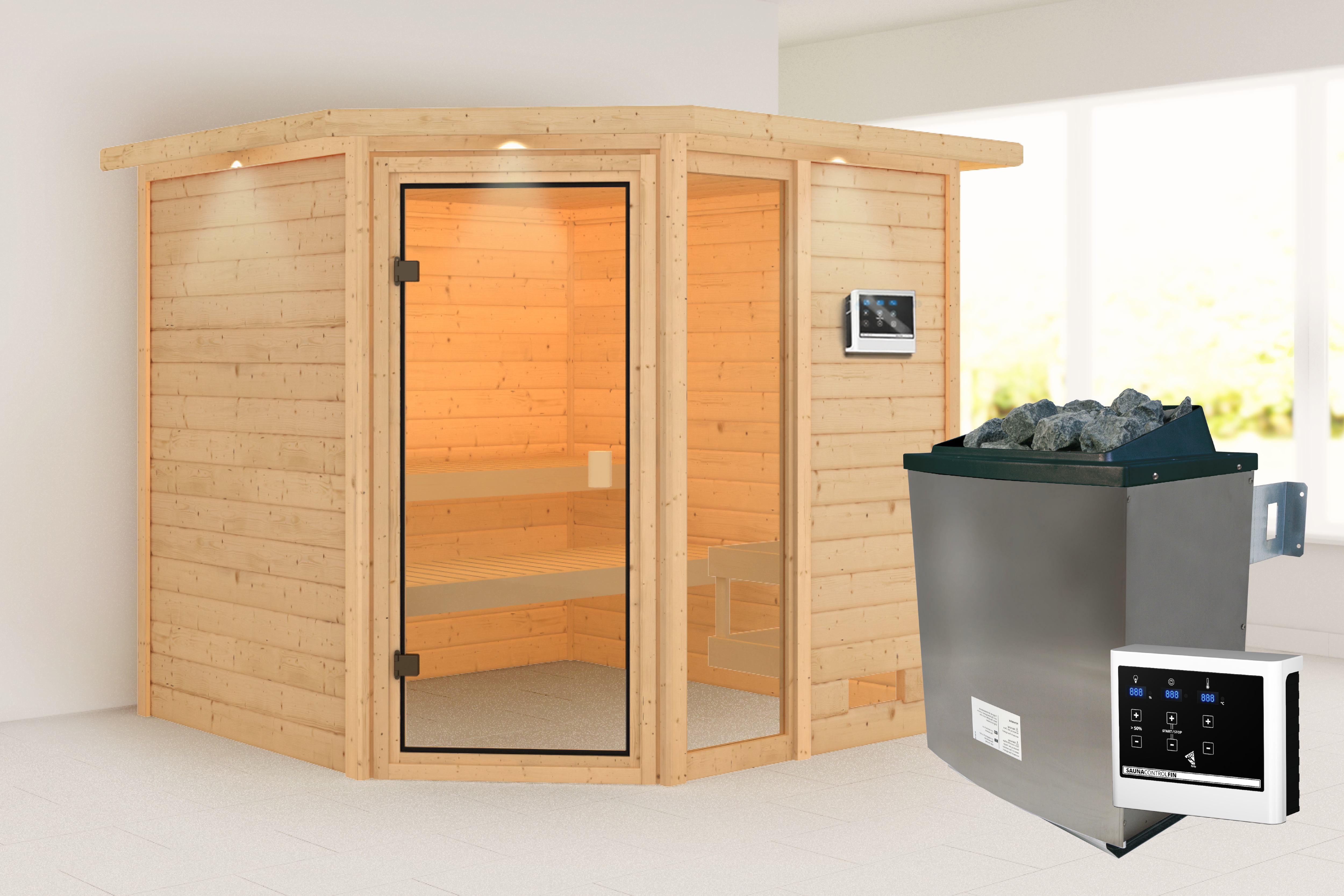 Sauna KARIBU "Tally" mit bronzierter Tür und Kranz, naturbelassen", naturbelassen, Saunaofen, externe Steuerung, 400 kW, Saunen, aus hochwertiger nordischer Fichte