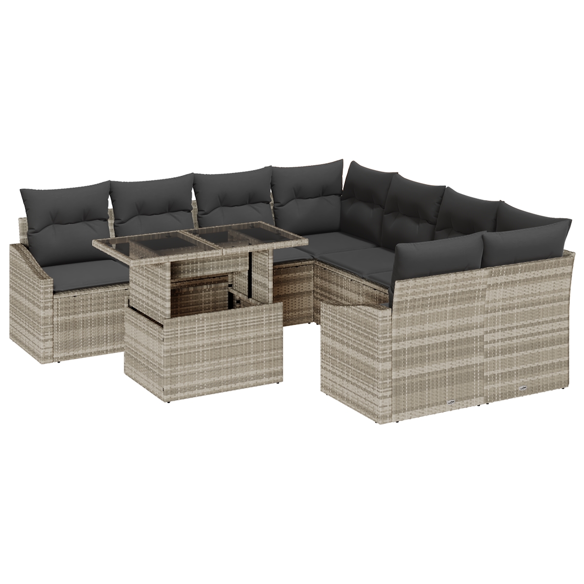 vidaXL 9-teiliges Gartensofa-Set mit hellgrauen Kissen aus Poly-Rattan Image