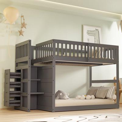 Niedriges Etagenbett 140 x 200 cm, Sicherheits-Etagenbett mit Staufach, hohes Zaun-Design-Holzbett, Image
