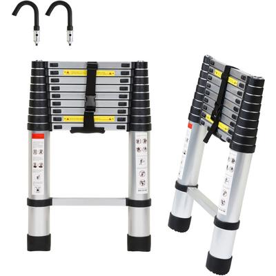 Teleskopleiter Silber 2.6m Mit Haken Ausziehleiter bis 150kg Stabil Aluminium Anlegeleiter Image