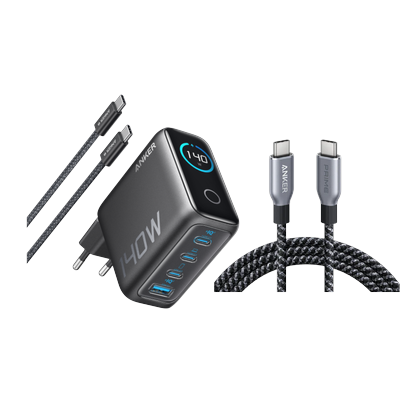 Anker Ladegerät (140W, 4-Port, PD 3.1) mit USB-C Kabel+Anker Prime USB-C auf USB-C Kabel (240W, Upcycled-Flechtdesign) Image