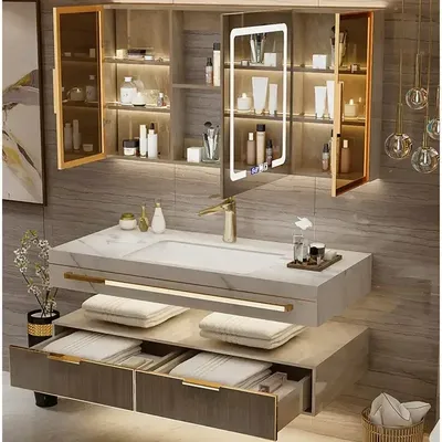 Modern Slate Bathroom Cabinet with Double Washbasin Smart Mirror Ceramic Bathroom Vanity Cabinets Under Sink Bathroom Furniture