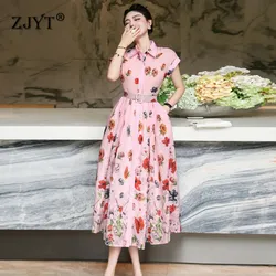 ZJYT femmes été imprimé fleuri mi-longue chemise robe rose à manches courtes simple boutonnage doux robes décontractées vêtements féminins 2025 nouveau