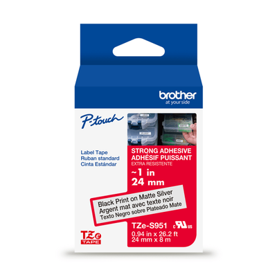 Brother P-Touch Tzes951, Strong Adhesive Lam Inated, ~1 In X 26.2 Ft (24Mm X 8M), Black On Matte Silver Label Tape