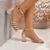 Aphixta Klassische 6cm High Heels Gold Elegante Frau Sandalen Party Schuhe Quadratische Fersen Frau Sommer alias de mujer Große Size42