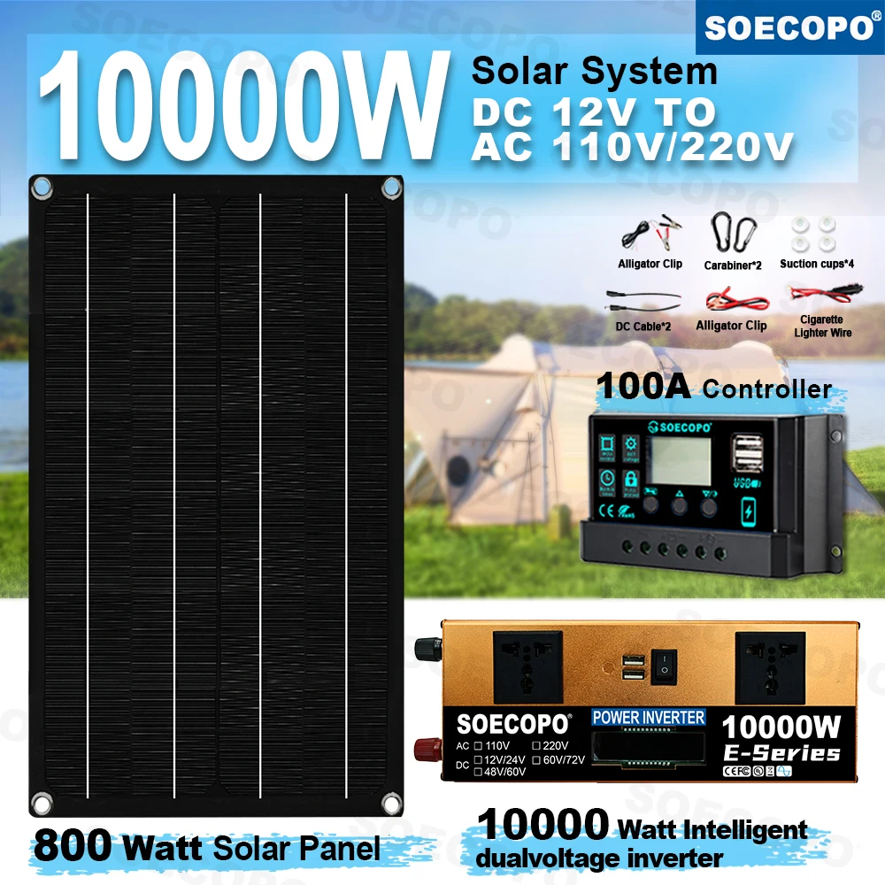 SOECOPO 10000W Home/Camping Backup Solar System Komplettset Dual12V/24V bis 110V/220V Wechselrichter 100A Controller 800W Panel Image