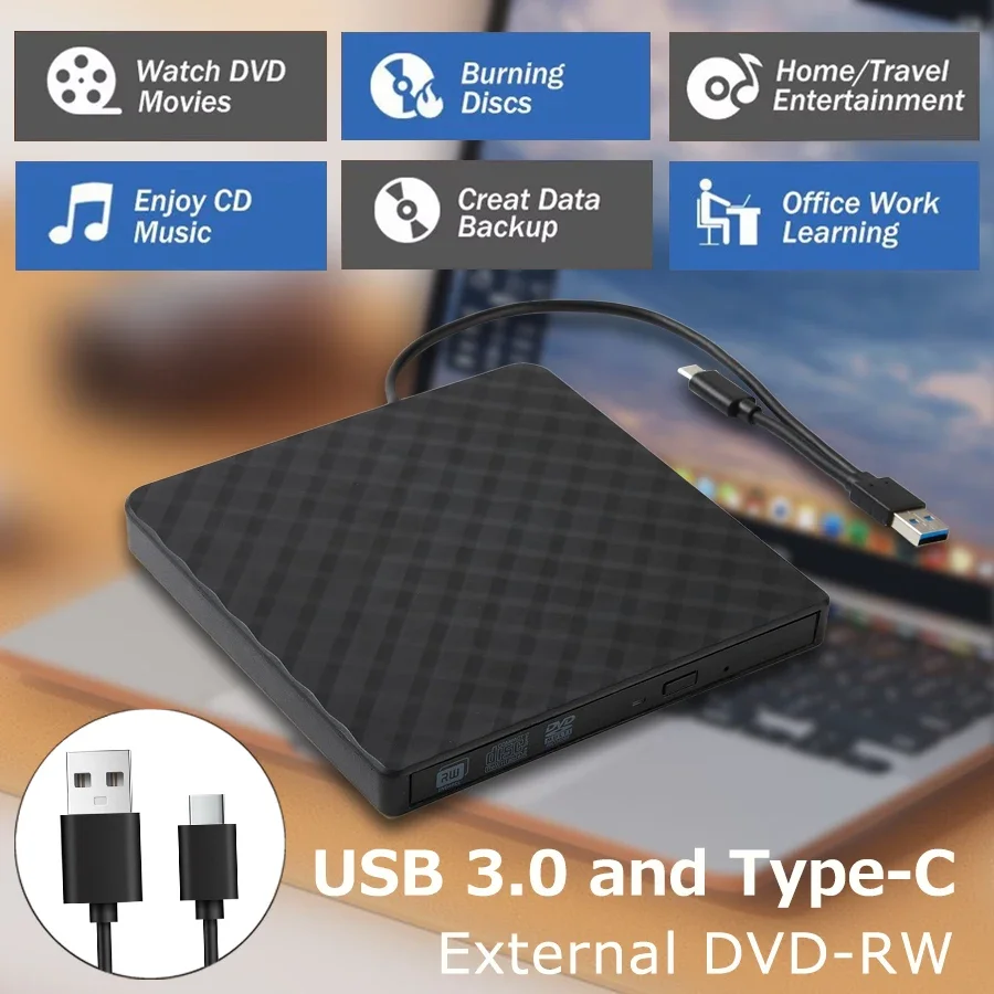 2in1 USB3.0 TypeC Slim Externer DVD RW CD-Brenner Laufwerk Brenner Leser Player Optische Laufwerke für Laptop PC DVD-Brenner Portatil DVD Image