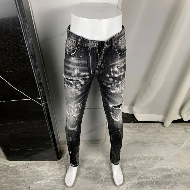 Straße Designer Mode Männer Jeans Retro Schwarz Grau Stretch Slim Fit Gemalt Zerrissene Jeans Männer Marke Hip Hop Y2K Denim Hosen homme