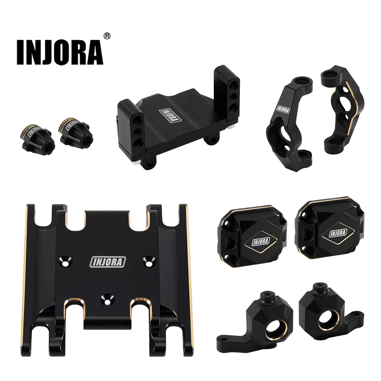 INJORA Unterfahrschutz aus schwarzem Messing vorne und hinten, Diff-Abdeckungen, Achsschenkel, C-Naben, Hinterachsenkappen für 1/18 HPI Venture18 Image