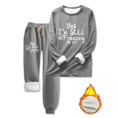 Women's Pajamas Set Fleece Lined 2 Pieces Sweatshirt Tracksuits Warm Comfort Soft Pullover Long Sleeve Long Pant Crew Neck Letter Elastic Waist Home Daily Bed Dark Pink Blue Gray Fall