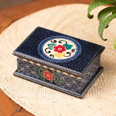 'Javanese-Themed Floral Batik Wood Jewelry Box in Blue Hues'