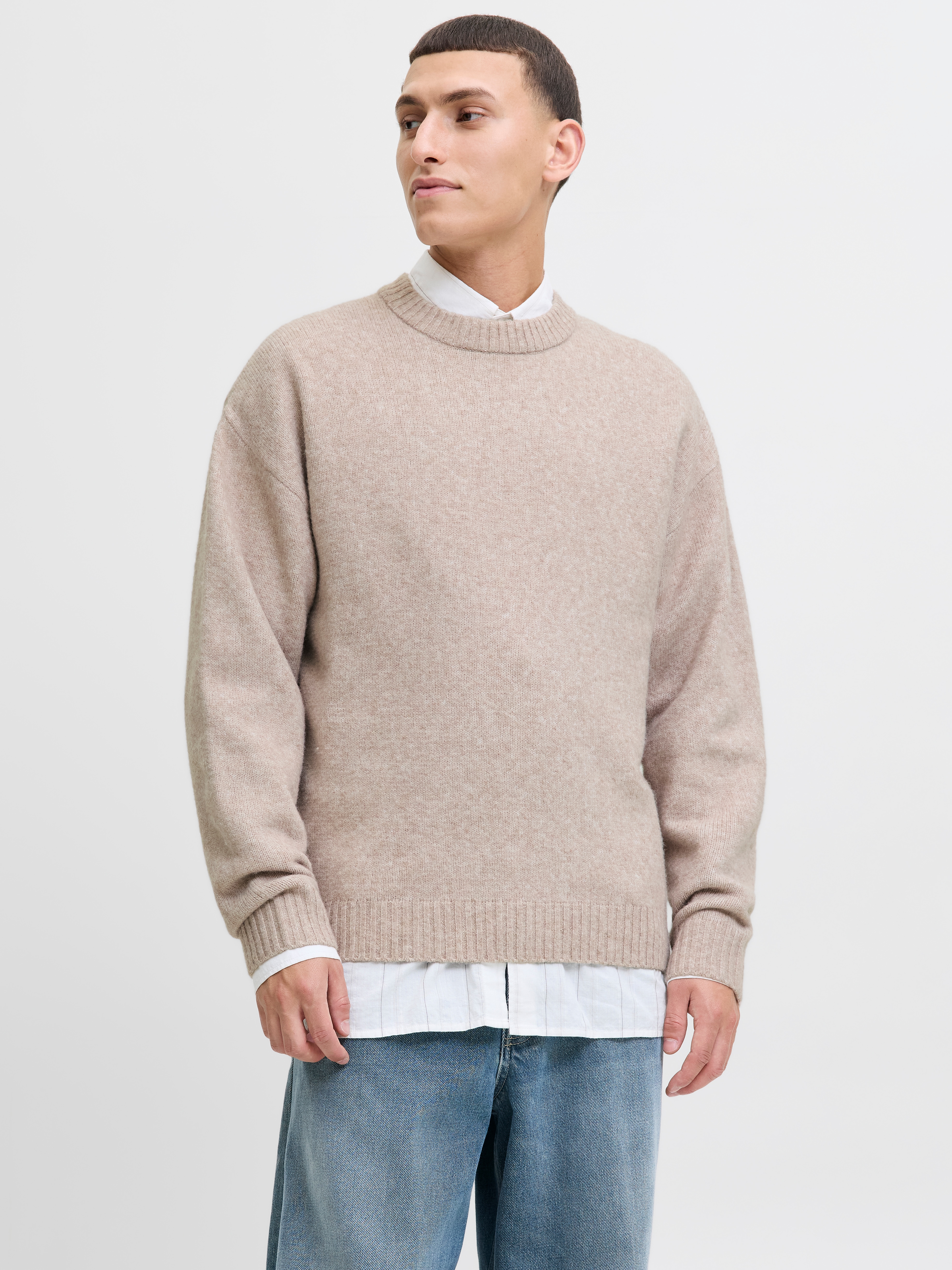 Strickpullover JACK & JONES "JJESOHO OLLIE KNIT CREW NECK SN", Damen, Gr. S, atmosphere, Strick, Obermaterial: 51% Polyester, 41% Polyacryl, 5% Wolle, 3% Elasthan, unifarben, relaxed fit normal, Rundhals, Rippbündchen, Pullover Strickpullover