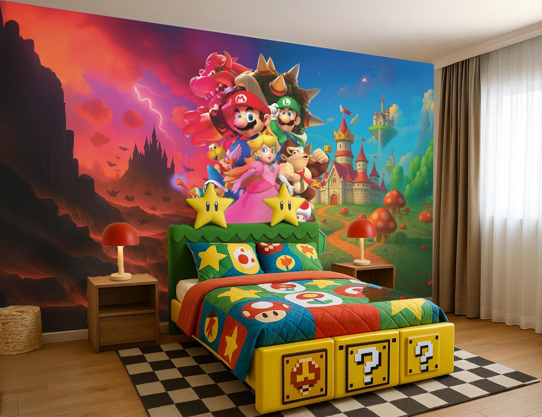 Carta da parati Mario Bros. Adesivo da parete con castello rosa. Adesivo da parete Luigi. Adesivo da parete Koppa. Adesivo da parete Principessa Peach