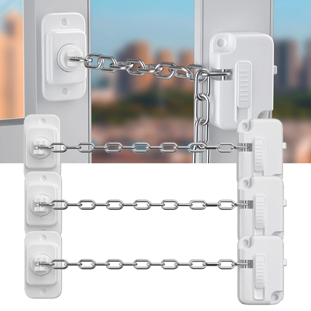 3 Stück Türkettenschloss, selbstklebender Fensterbegrenzer, Kindersicherung, ohne Bohren, verstellbar, für UPVC-Schiebefenster aus Holz Image