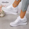 Damen-Turnschuhe mit glänzendem Strass-Keil, atmungsaktiv, gestrickt, rutschfest, Wanderschuhe, Damenmode, dicke Sohle, weiße Turnschuhe, Größe 36 43
