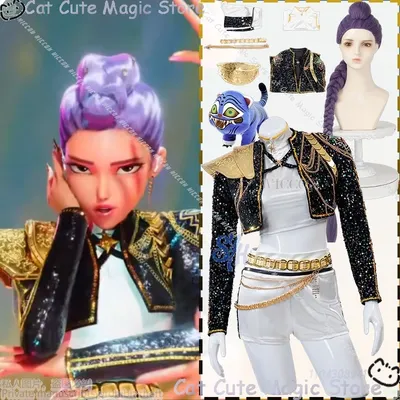 Huntrix Rumi Cosplay Kpop Dämon Anime GOLDEN Bühne Uniform Schwarz Mantel Weiß Mini Kleid Kawaii Mädchen Korea Idol Cos Anzug Karneval Image