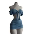 2025 Mini abito aderente con maniche a palloncino con volant scavato sexy Set da due pezzi Donna Y2K Pure Estetic Clubwear Stretto manica corta