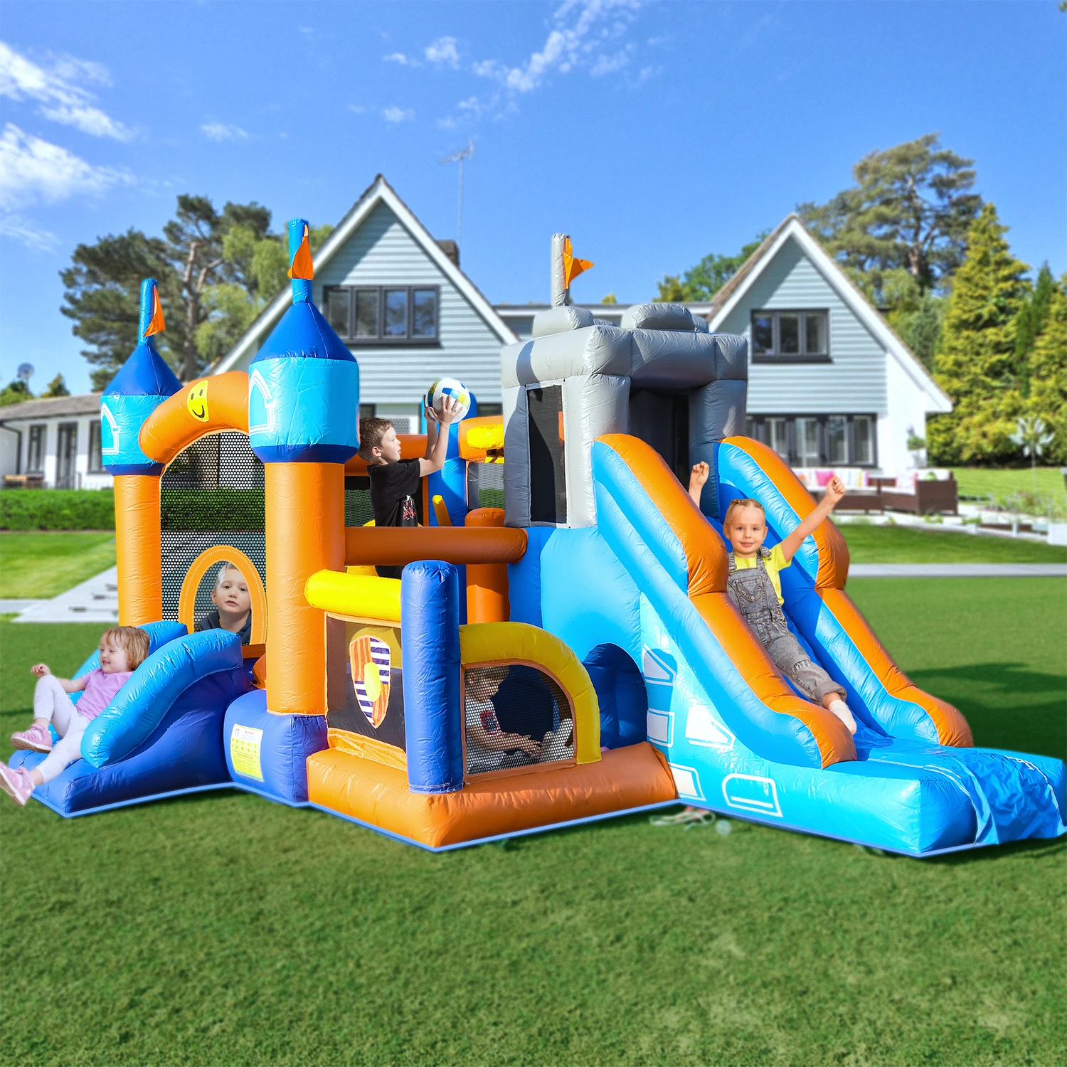 Hüpfburg für Kinder, 16 x 11,7 x 10 Fuß, aufblasbares Hüpfburg aus PVC mit 2 Rutschen, Tunnel zum Klettern, Basketballkörbe, Bällebad, Jum Image