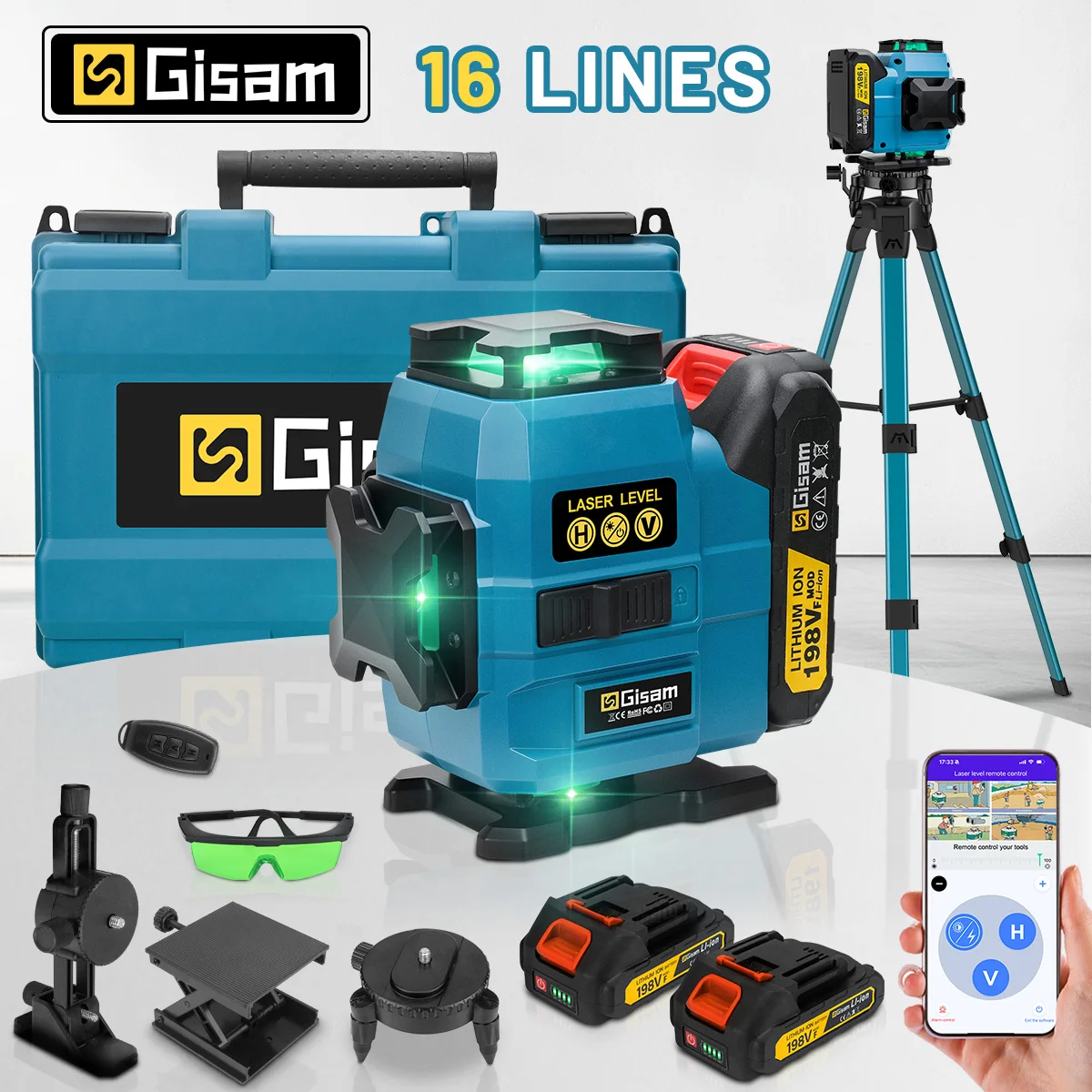 Gisam 16-Linien-Laser-Nivelliergerät mit Stativ, grüne Linie, selbstnivellierend, 360° horizontal & vertikal, Fernbedienung, für Makita 18V Akku-Pins