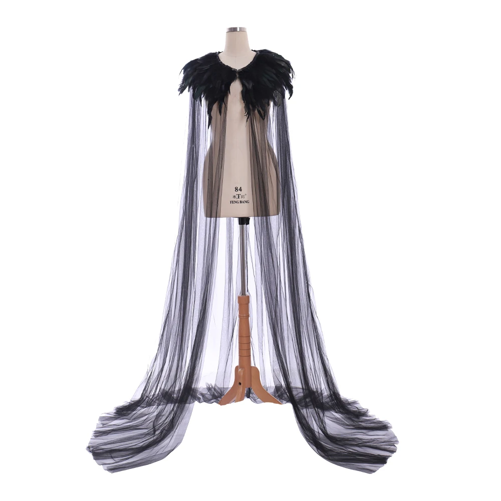 Schwarzer Federumhang, Unisex, mittelalterlicher Umhang, Schal, Halloween-Party, Hexe, Zauberer, Mantel, Outfits, Cosplay-Kostüme, Poncho-Umhang Image
