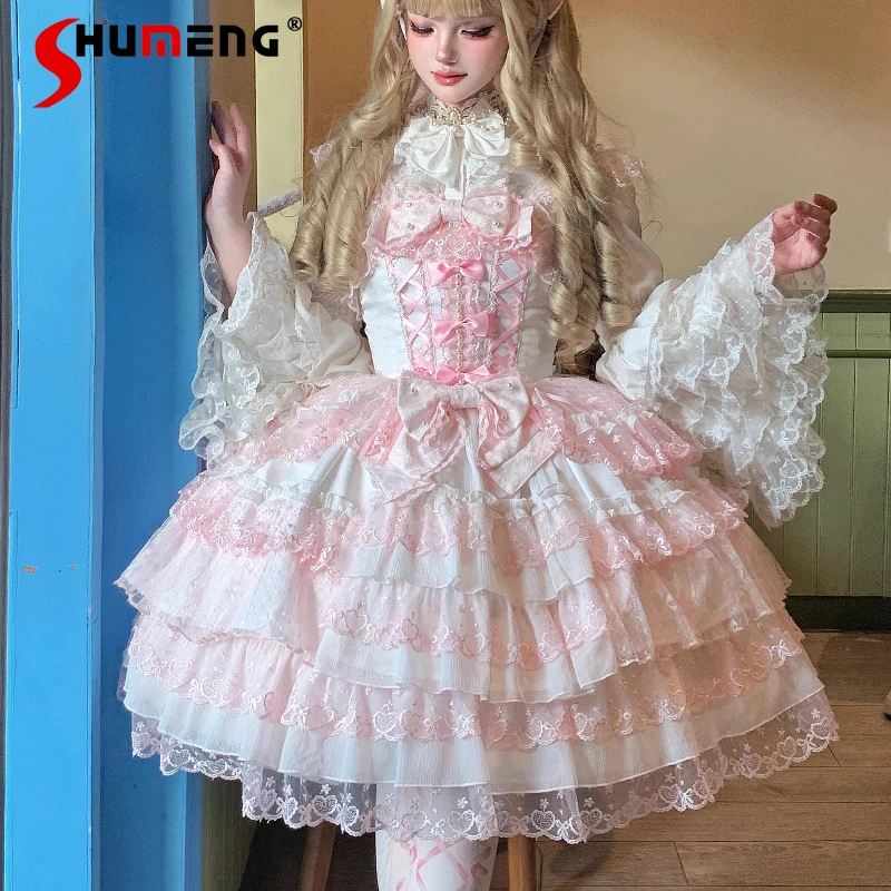 Original Lolita Rosa Blumen Hochzeitskleid JSK Mädchen Sommer Süße Slim-Fit Elegante Spitze Rand Prinzessin Kleid Y2k Feenkleider