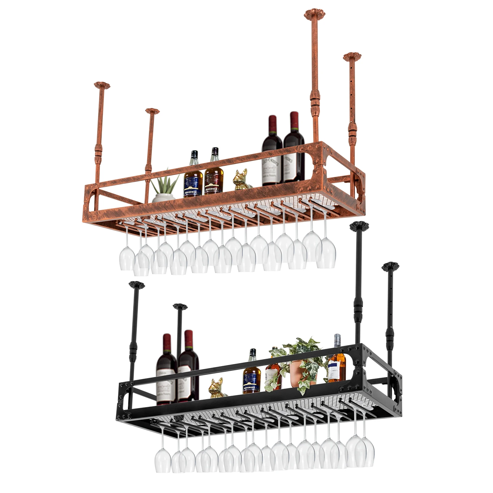 Industrielles schwebendes Weinregal im Vintage-Stil, 110 Pfund Kapazität für Weinflaschen und 27 Gläser, Deckenmontage-Aufbewahrung für Zuhause/Bar