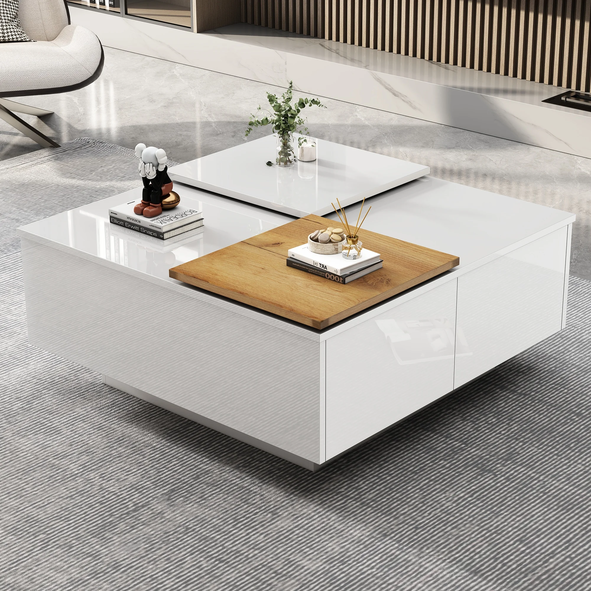 Couchtisch mit Beweglichen Tafeln, 4 Schubladen, Hochglanz-Oberfläche, Robuste Konstruktion