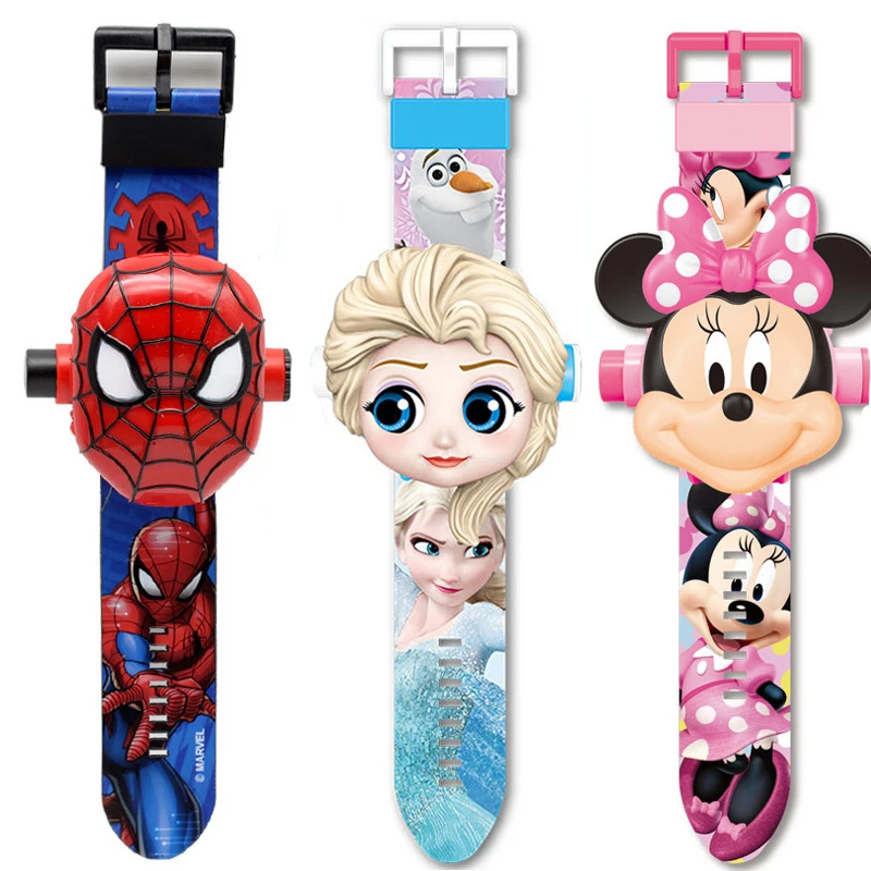 Neue Projektions-Minnie-Kinderuhren für Mädchen, Disney-Prinzessin, Elsa, Spiderman, Kinderuhr mit 24 Bildern, Digitaluhr für Jungen