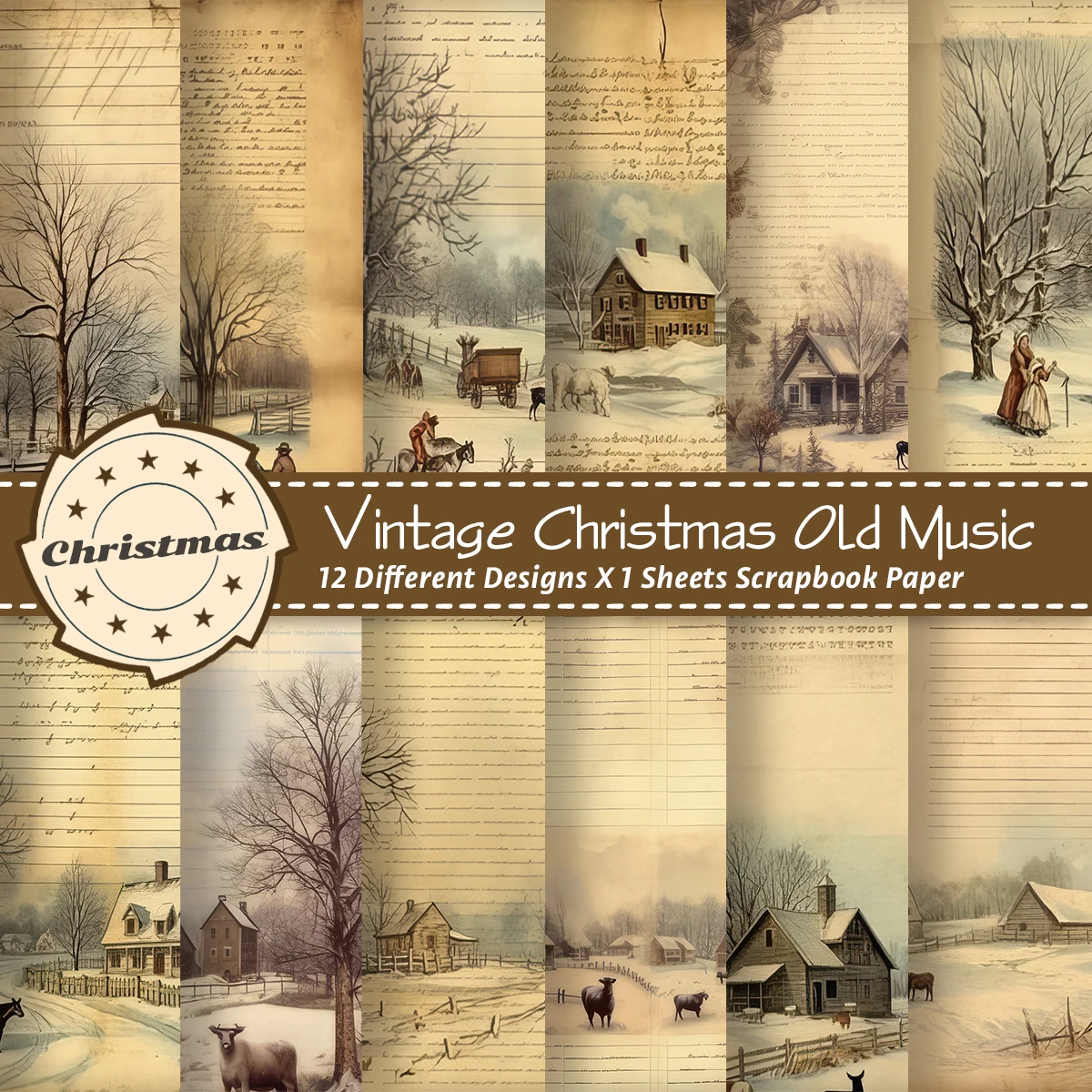12 Stück Vintage-Weihnachts-Scrapbook-Dekorpapier – 12, einzigartiges Design, für Geschenkpapier, Junk-Tagebuch-Zubehör, DIY-Bastelarbeiten ​ Papier Image