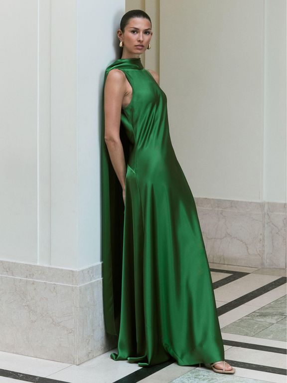 green emerald velvet dress Suzi Maxi Dress With Detachable Feathers in Green