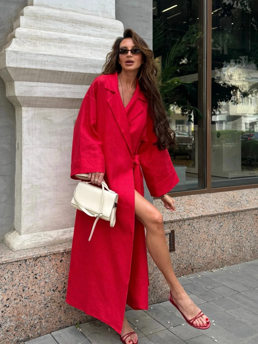 Muzuleva été nouveau femmes élégant rouge lin Wrap Maxi Robe revers Kimono manches ceinturée longue Robe élégante Chic Robe