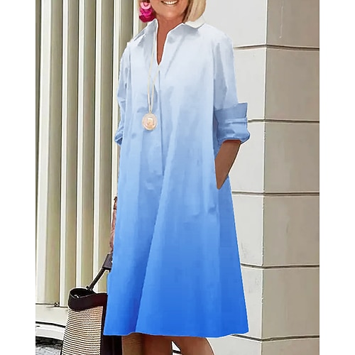 Damen Midikleid Hemdblusenkleid Freizeitkleid Mode Modern Täglich Strand Wochenende Normale Passform Farbverläufe Langarm Hemdkragen Blau Schwarz Gelb Rote Frühling Herbst Image
