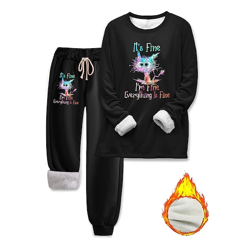 Damen Pyjamas Set Fleece gefüttert Elegant Warm Mode Zwei Teile Sets Trainingsanzug Hosen Sets Langarm Rundhals Grafik Tier Buchstaben Druck Outdoor Daily Schwarz Dunkel Pink Blau Frühling Image