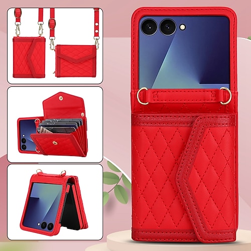 Handy Hülle Handyhüllen Für Samsung Galaxy Z Flip 7 Z Flip 6 Z Flip 5 Z Flip 4 Rückseite mit Trageriemen Kartenfach Stoßfest Retro TPU PU-Leder Image